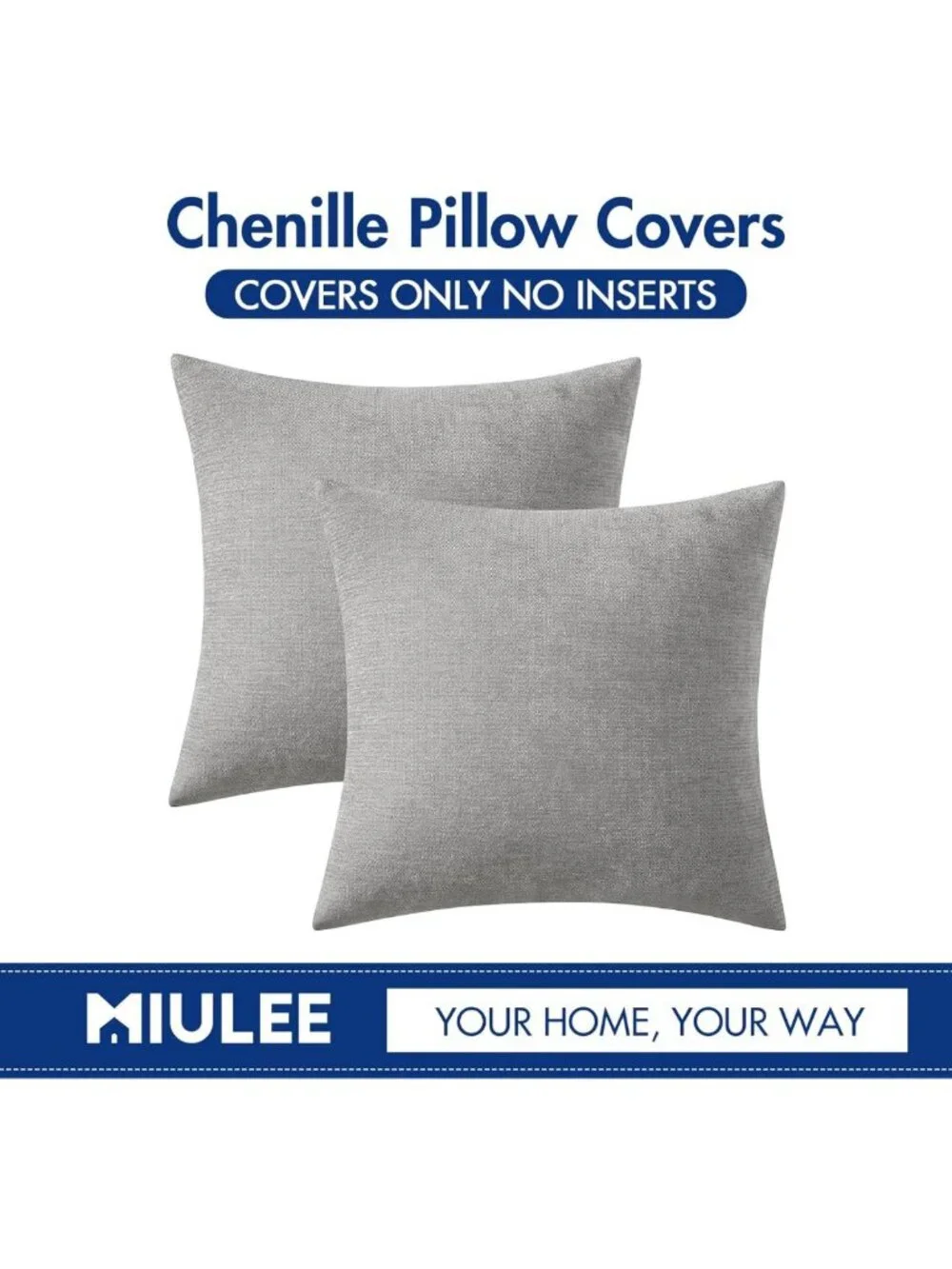 Soft Chenille Decorative Pillow Covers - Set of 2 Light Grey 18x18 Inch Cushions